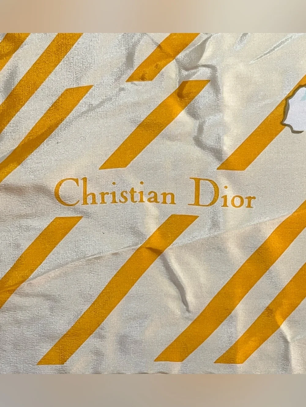 Vintage Christian Dior Silk Scarf 70s Floral Stripe Gold Hand Rolled 27 Inch